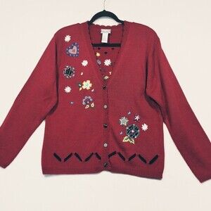 Napa Valley Small Cardigan Sweater Grandma Embroidered Floral Red Vintage